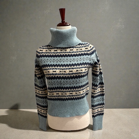 MaxMara Wool Turtleneck Sweater~Woven Pattern in Blue,Charcoal,Cream  size Small - Picture 14 of 16